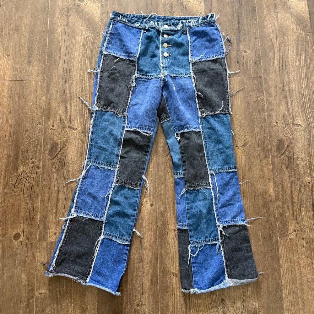 Patchwork Jeans Blue Black Shaggy Edge Boho Festival Hippie Button Fly Large‎